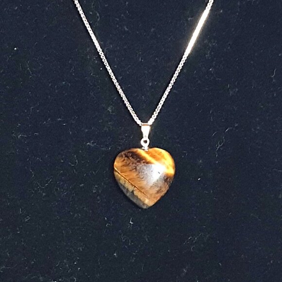 Elegant 925 Sterling Silver Natural Golden Tiger Eye Heart Pendant Necklace - Picture 6 of 11